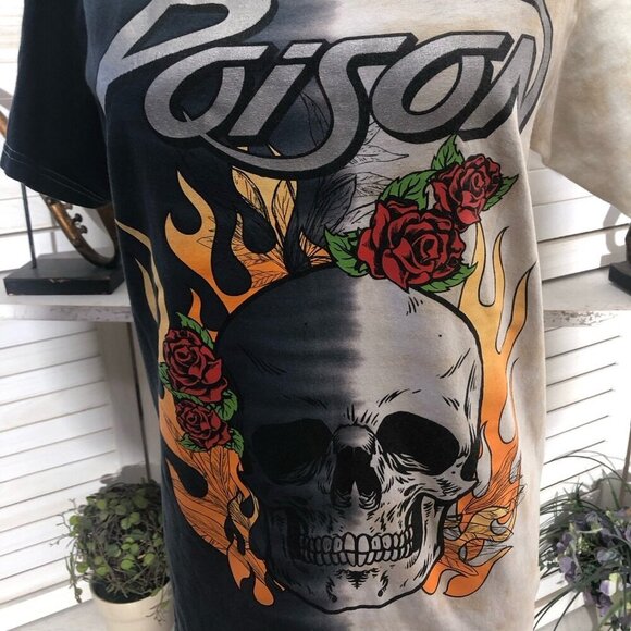 Y2K Grunge Poison Band Graphic Tee Split-tone Tie-dye Gray Cream sz S - Picture 8 of 11